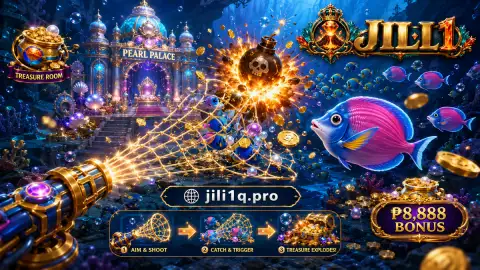 JILI1 fishing scene showing smaller fish, shells, and whirlpools framing a fantasy fish as it moves into a clearer turquoise lane