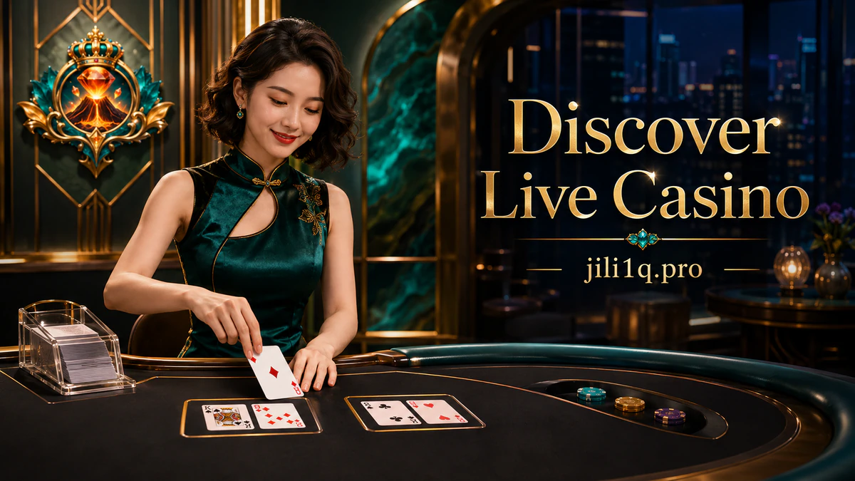 JILI1 online casino live table with dealer hands, cards, table rail and steady studio light