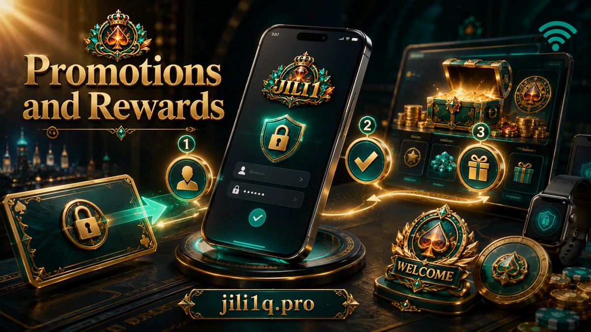 JILI1 promotion artwork in the site's gold, turquoise, and ruby jewel style